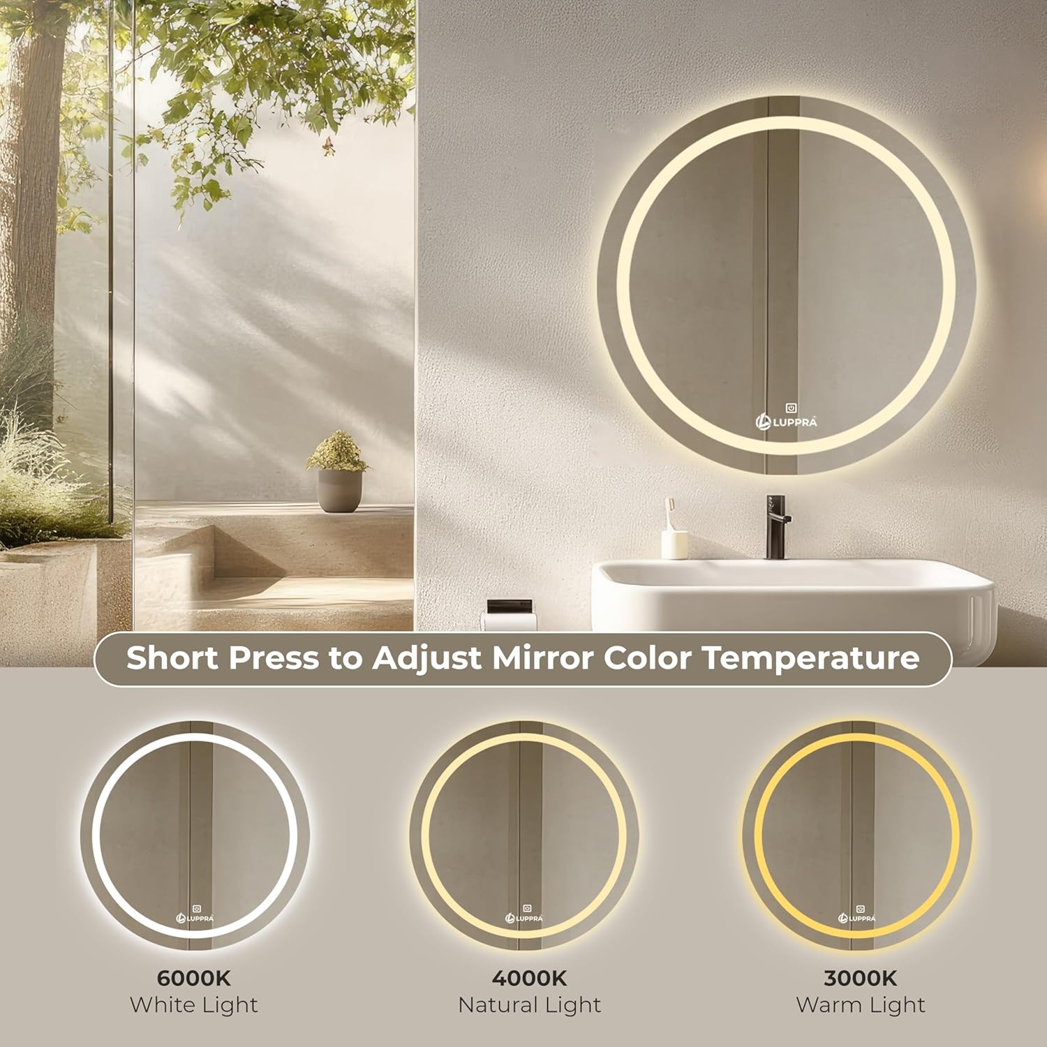 LUPPRA Round 24x24 Inch Wall-Mounted LED Mirror with Smart Sensor and 3-Color Light (Warm, White, Natural) | Mirror Light, Wash Basin Wall Mirror, Fancy Washbasin Mirror,Smart LED Design--2 image 1