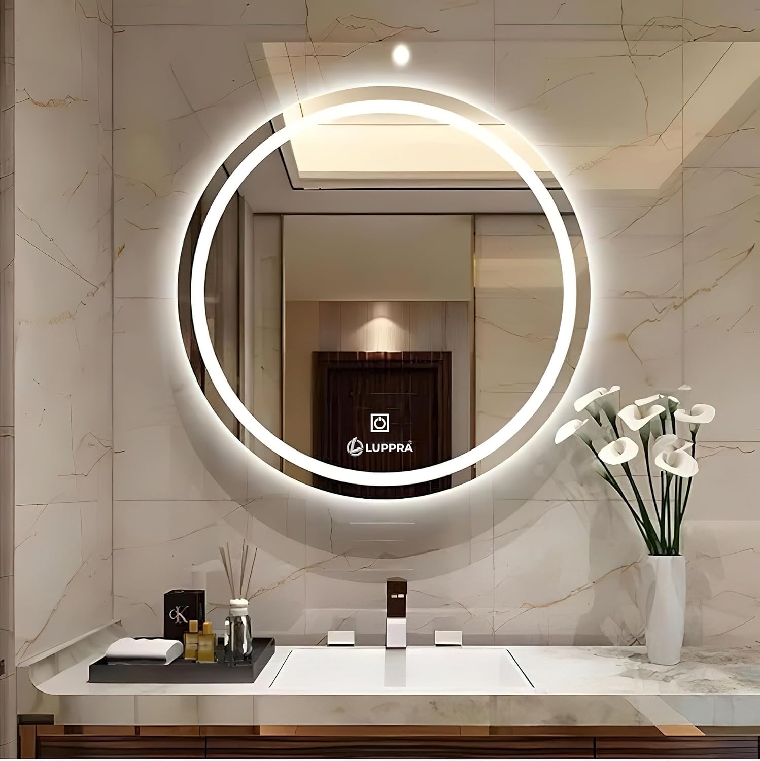 LUPPRA Round 24x24 Inch Wall-Mounted LED Mirror with Smart Sensor and 3-Color Light (Warm, White, Natural) | Mirror Light, Wash Basin Wall Mirror, Fancy Washbasin Mirror,Smart LED Design--2 image 3